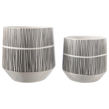 Round Ceramic Pot with Optical Illusion Design Matte White Finish, Set of 2