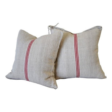 Vintage Red Stripe European Grainsack Pillows Pair