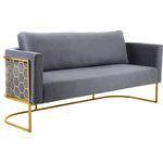 Meridian Furniture - Casa Velvet Upholstered Sofa, Grey, Gold Finish - Bring modernity to the forefront with the addition of this Casa velvet chair. Destined to become the most-talked-about addition to your room, this eye-grabbing sofa is an attention-getter from all angles. Its soft grey velvet upholstery is touchably soft and feels great against the skin, and its gold iron metal frame featuring a honeycomb pattern lends the chair an up-to-the-minute feel. Pair it with other items in the Casa collection for a streamlined look.