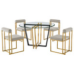 Armen Living - Devi Anastasia Round Gold Brushed & Taupe Fabric Glass Dining Table 5-Piece Set - Bring luxury and comfort to your dining experiences with the Devi Anastasia 5 Piece Dining Set by Armen Living. This dining set includes 1 Devi Round Glass Dining Table with Metal base and 4 Anastasia Dining Chairs in Fabric and Metal. Featuring an elegant mix of materials, our dining set offers an abundance of polish and sophistication. The 48" round, glass top of the dining table floats upon an angular and clean-lined base. The metallic base utilizes contrasting finishes for elevated drama and modern elegance. It serves as a stunning complement to our sleek and charming Anastasia dining chairs. A cylindrical cushion is beautifully balanced upon its airy frame to offer comfortable back support. Its cushioned backrest and padded seat showcase a neat channeling detail that provides texture for a chic and inviting look. The Anastasia chair is upholstered in performance fabric to offer easy care and maintenance. Altogether, this dining set becomes a sophisticated centerpiece for your kitchen, dining, or living space. These pieces can effortlessly provide the grandeur and comfort for anything from your casual to formal meals. Featuring premium materials and quality craftsmanship, our dining set can loyally serve you for years to come. The Devi Anastasia 5 Piece Round Glass Dining Table Set is available in matching finishes and a variety of colors, or sold separately to achieve any look you desire.