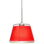 Besa Lighting - Besa Lighting 1JT-PIC9RD-SN Pica 9 - One Light Cord Pendant with Flat Canopy - Pica 9 is a compact tapered glass with a broad top and a radiused return at the bottom, its retro styling will gracefully blend into today's environments. The Blue Sand d�cor begins with a clear blown glass, with glossy outer finish. We then, using a handcrafting technique, carefully apply a band of actual fine-grained sand to the inner surface of the glass, where white color is fully saturated into the coating for a bold statement. A final clear protective coating is applied to seal and preserve the accent material. The result is a beautifully textured work of art, comfortable with the irony of sand being applied to a glass that ordinates from sand. When illuminated, the colors shimmers through the noticeable refractions created by every granule, as the sand patterning is obvious and pleasing. The cord pendant fixture is equipped with a 10' SVT cordset and an low profile flat monopoint canopy. These stylish and functional luminaries are offered in a beautiful brushed Bronze finish.  No. of Rods: 4  Canopy Included: TRUE  Shade Included: TRUE  Canopy Diameter: 5 x 0.63< Rod Length(s): 18.00Pica 9 One Light Cord Pendant with Flat Canopy Bronze Red Sand Glass *UL Approved: YES *Energy Star Qualified: n/a  *ADA Certified: n/a  *Number of Lights: Lamp: 1-*Wattage:75w A19 Medium base bulb(s) *Bulb Included:No *Bulb Type:A19 Medium base *Finish Type:Bronze