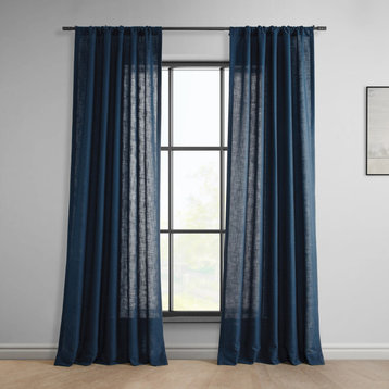 Deep Blue Classic Faux Linen Curtain Single Panel, 50W x 108L