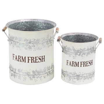 Farmhouse Cylindrical Iron Pail Planters With Wooden Handles, 2-Piece Set, White