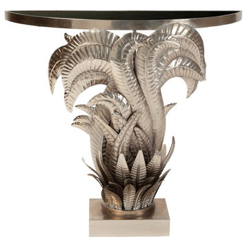 Palm Leaf Console Table, Tropical Metal Entryway Table -, Nickel Silver
