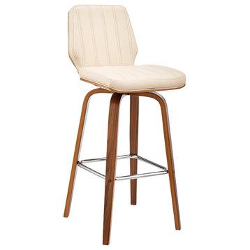 Renee Swivel Faux Leather and Wood Bar Stool, Cream and Walnut, Counter Height