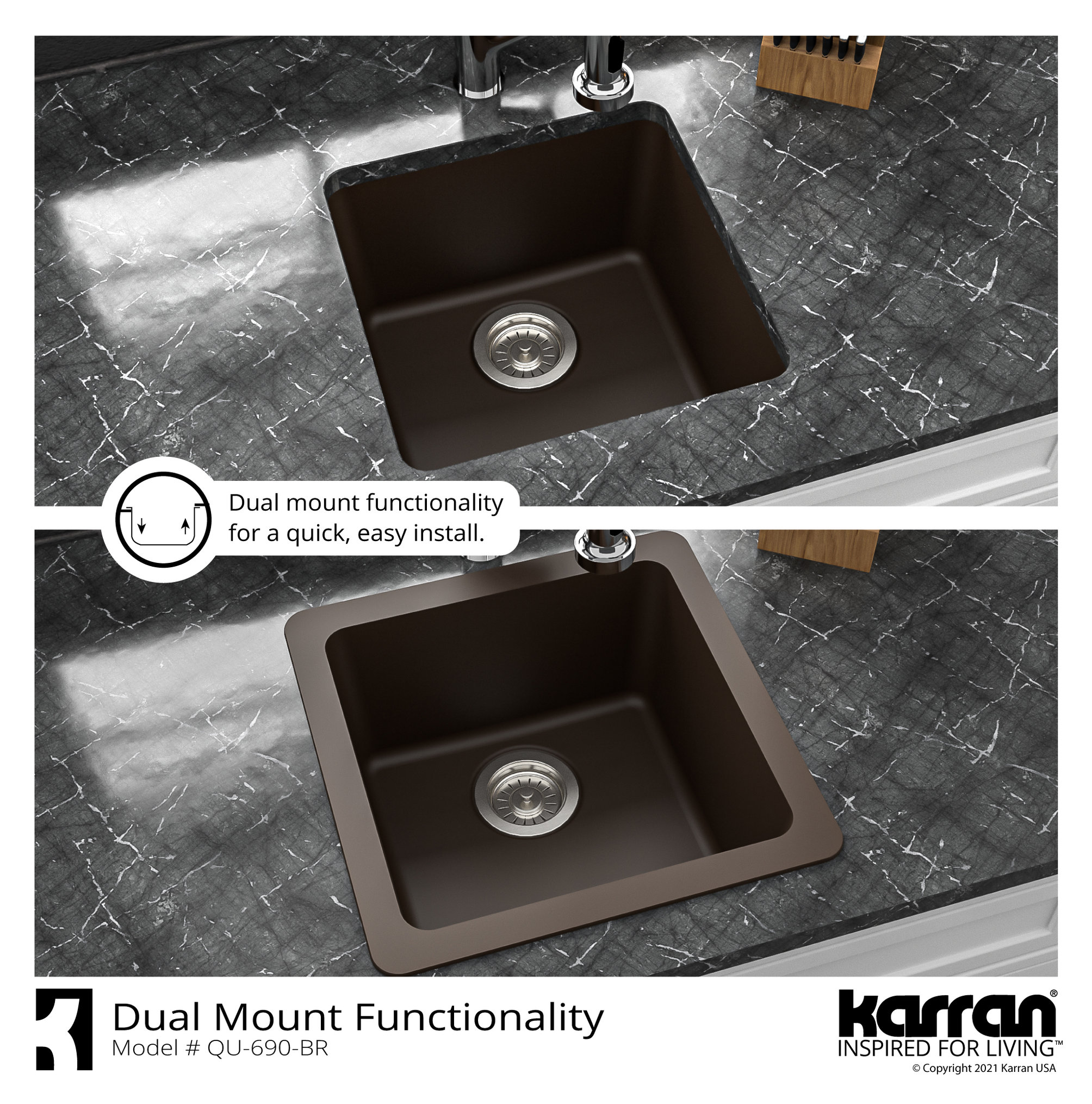 Karran Undermount Quartz Composite 17" Bar Single Bowl Sink, Brown