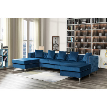 Ryan Deep Blue Velvet Double Chaise Sectional Sofa with Nail-Head Trim
