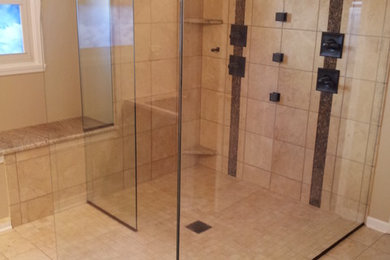 Bathroom - large traditional master beige tile and stone tile ceramic tile and beige floor bathroom idea in Indianapolis with beige walls and granite countertops