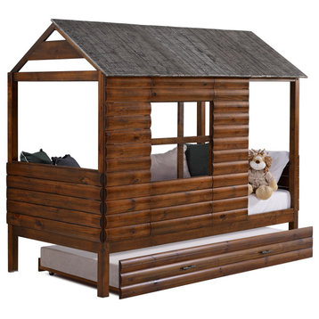 Twin Log Cabin Low Loft In Rustic Walnut/Rustic Silver Finish W/Twin Trundle Bed