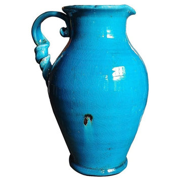 Old World Hand Thrown Heavy Water Jug With Twisted Handle, Ancient Aqua Blue