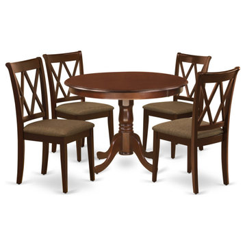 5Pc Dining Set, Round Dinette Table, Four Kitchen Chairs, Mahogany Finish