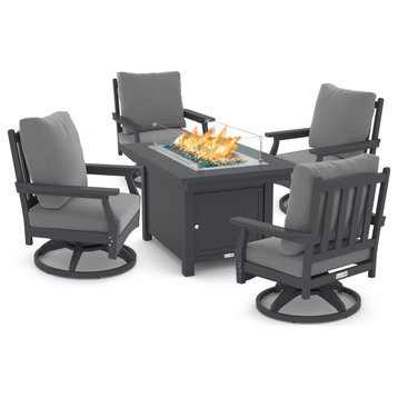 Cortina Rectangle Fire Pit Table with Aspen Rock-Swivel Chair,5-Piece, Gray