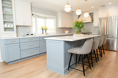 Mid-sized transitional medium tone wood floor and brown floor eat-in kitchen photo in New York with an undermount sink, shaker cabinets, blue cabinets, quartz countertops, multicolored backsplash, ceramic backsplash, stainless steel appliances, an island and multicolored countertops