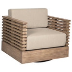 Armen Living - Vivid Swivel Outdoor Patio Chair Light Eucalyptus Wood Taupe Olefin Cushions - Introducing the Vivid Swivel Outdoor Patio Chair  a perfect marriage of comfort, style, and functionality designed to elevate your outdoor lounging experience. Crafted with meticulous attention to detail, this swivel chair is a testament to the seamless integration of form and function, providing a luxurious addition to your patio or outdoor setting. The chair's frame, constructed from durable Eucalyptus wood, adds a touch of sophistication to your outdoor space. The timeless beauty of Eucalyptus wood ensures not only visual appeal but also long-lasting resilience, making the Vivid Swivel Outdoor Patio Chair a standout piece of outdoor furniture. Designed for those who appreciate both aesthetics and durability, this chair boasts water-resistant and UV-resistant features, allowing it to withstand the elements with grace. Whether positioned under the sun or facing unexpected rain, the Vivid Swivel Outdoor Patio Chair remains a steadfast companion for your outdoor moments. Immerse yourself in relaxation with the plush Olefin cushions that adorn this swivel chair. The gray cushions not only provide a comfortable seat but also add a touch of elegance to the overall design. With water-resistant capabilities and easily removable covers, maintaining the freshness and allure of your outdoor oasis has never been easier. Versatile and inviting, the Vivid Swivel Outdoor Patio Chair effortlessly enhances any outdoor environment, from a tranquil garden retreat to a lively patio setting. The swivel feature adds a dynamic element, allowing you to effortlessly turn and take in your surroundings, making it a perfect choice for those seeking both comfort and engagement in their outdoor space. Invest in outdoor furniture that blends style and functionality seamlessly, and choose the Vivid Swivel Outdoor Patio Chair in Eucalyptus Wood with Olefin Cushions.
