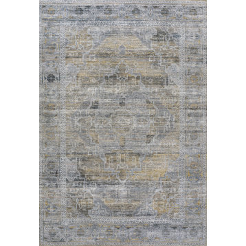 Alanya Ornate Medallion Machine-Washable Gray/Mustard 5 ft. x 8 ft. Area Rug
