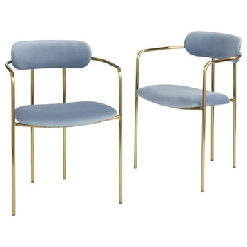 2 Pack Dining Chair, Golden Metal Frame With Velvet Seat & Open Back, Blue