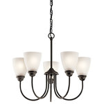 Kichler Lighting - Kichler Lighting 43638OZL18 Jolie - 22" 50W 5 LED Medium Chandelier - Enjoy the splendor of this Brushed Nickel 5 light LED chandelier from the refreshing Jolie Collection. The clean lines are beautifully accented by satin etched glass. Jolie is the perfect transitional style for a variety of homes.  Canopy Included: TRUE  Shade Included: TRUE  Canopy Diameter: 5.00  Dimable: TRUE  Color Temperature:   Lumens:   CRI: 92Jolie 22" 50W 5 LED Medium Chandelier Olde Bronze Satin Etched Glass *UL Approved: YES  *Energy Star Qualified: YES *ADA Certified: n/a  *Number of Lights: Lamp: 5-*Wattage:10w A19 LED bulb(s) *Bulb Included:Yes *Bulb Type:A19 LED *Finish Type:Olde Bronze