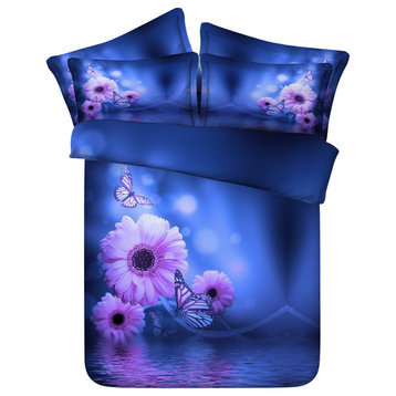 3D Blue and Purple Flower, 4-Piece Duvet Cover Set, Queen