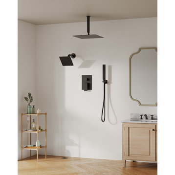 Dual Heads 3-Functions Shower System with Pressure Balancing Rough-In Valve, Matte Black, 10" X 6"