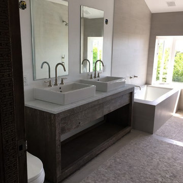 Doorway View of Reclaimed Wood Vanity and Freestanding Tub