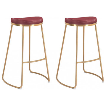 Set of Two Burgundy and Gold Modern Glam Geo Backless Barstools