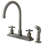Kingston Brass - Kingston Brass Centerset Kitchen Faucet, Brushed Nickel - This two handle kitchen faucet with its cylindrical base and gooseneck spout will work well with most contemporary decors, includes side spray, manufactured from solid brass this faucet features ceramic cartridge for long lasting performance.
