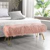 Mongolian Faux Fur Upholstered Ottoman Bench, Coral Pink, 46x16x22