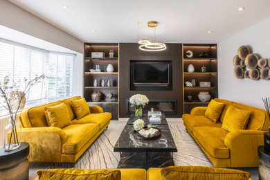Inspiration for a medium sized contemporary living room feature wall in Other with carpet, a ribbon fireplace, a plastered fireplace surround and a built-in media unit.