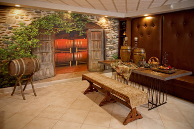 This is an example of a mediterranean basement in Philadelphia with porcelain floors and beige floor.