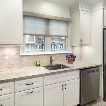 Bright Transitional Kitchen Remodel | Soft White Cabinets, Quartz Countertops