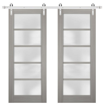 Double Barn Door 72 x 96 Frosted Glass, Quadro 4002 Grey Ash, Silver 13FT