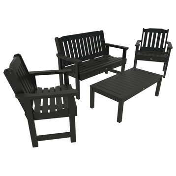 4' Lehigh Bench, Chairs, Conversation Table, 4-Piece Set, Black