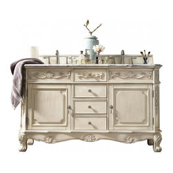 60 inch Double Sink Bathroom Vanity Vintage Vanilla Finish Marble Top - Bathroom Vanities And Sink Consoles