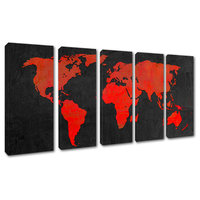 Matte Black And Red World Map Canvas Print, 5 Panel Split Wall Art ...