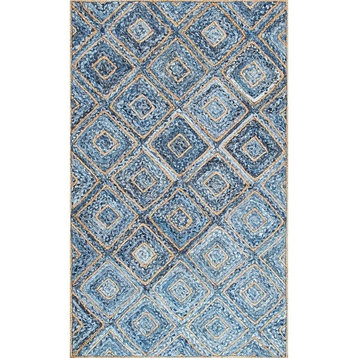Bohemian Area Rug, Handmade Braided Jute With Blue Geometric Pattern, 7' Square