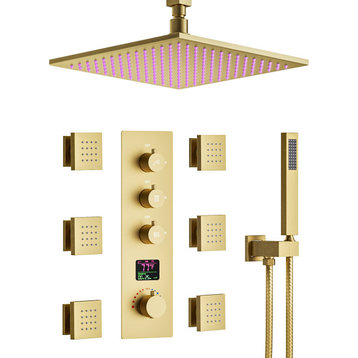 Thermostatic 3-Colors LED Shower Head Shower System with Rough-in Valve, Brushed Gold, 12"