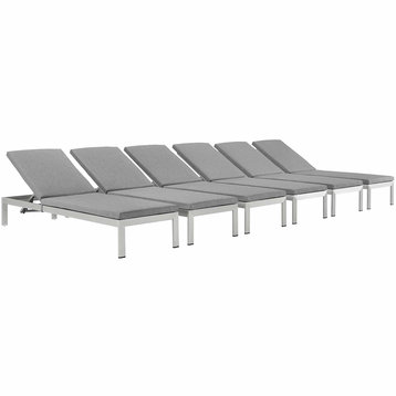 Shore Chaise With Cushions Outdoor Patio Aluminum 6-Piece Set, Silver Gray