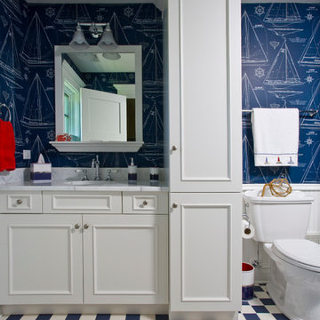 Nautical Themed Secondary Bathroom with Brookhaven White Recessed Panel Cabinets