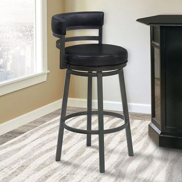 Unique Counter Stool, Mineral Frame With Black Faux Leather Seat & Rounded Back