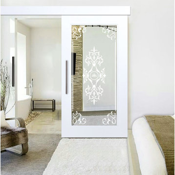 Mirror Sliding Barn Door with Victorian Frosted Designs, 1x Mirror, 40"x84"inche