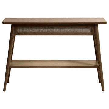 Modern Oak and Rattan Console Table With Drawer