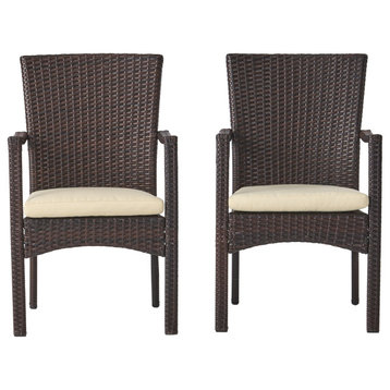 GDF Studio Melba Outdoor Wicker Dining Chairs With Beige Cushions, Set of 2
