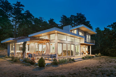 Свежая идея для дизайна: двухэтажный, серый частный загородный дом среднего размера в стиле модернизм с облицовкой из ЦСП, плоской крышей и отделкой дранкой - отличное фото интерьера