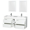 60" Double Vanity, Glossy White, Acrylic Resin Top Integrated Sinks, 24" Mirrors