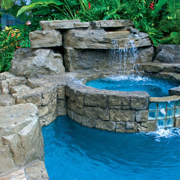 RicoRock Waterfall with Veneer Stone Around Spa
