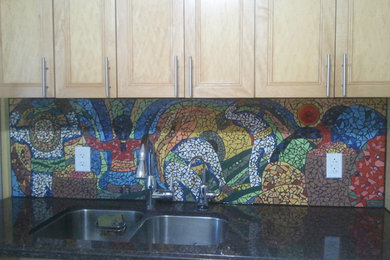 Mid-sized minimalist single-wall eat-in kitchen photo in Toronto with granite countertops, multicolored backsplash and ceramic backsplash