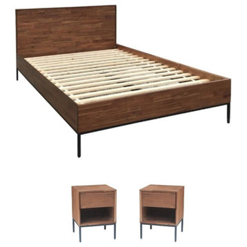 Home Square 3-Piece Set with Queen Bed Set and 2 Night Stands in Brown