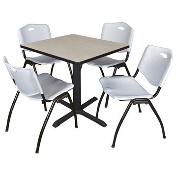 Cain 30" Square Breakroom Table, Maple and 4 'M' Stack Chairs, Gray