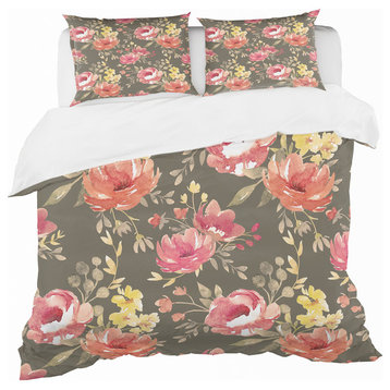 Watercolor Pink Yellow and Red Flowers Floral Duvet Cover, King
