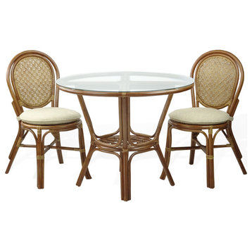 3-Piece Set of Denver Dining Rattan Side Chairs w/Cream Cushions and Round Table